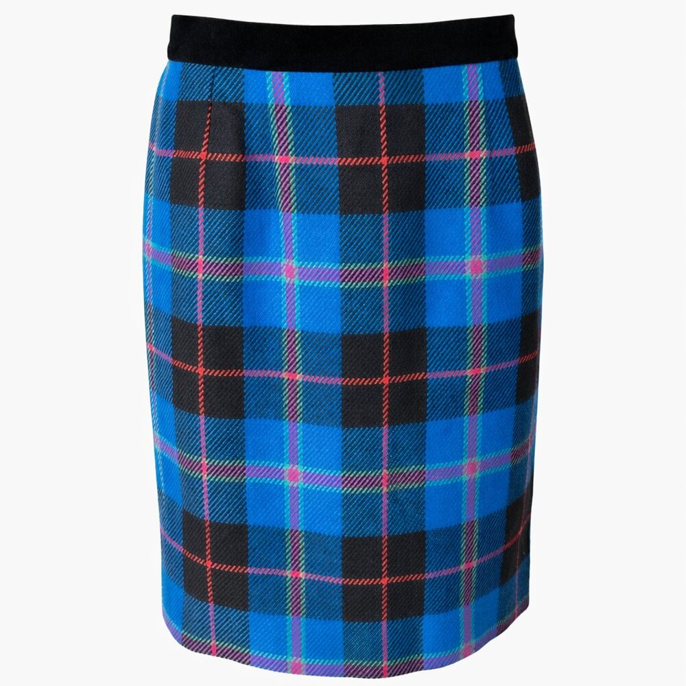 Vintage Escada Wool Cashmere Plaid Skirt Blue Tartan Pencil Skirt